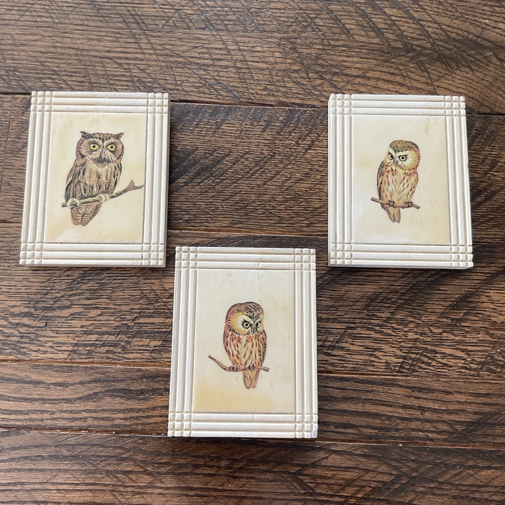 Vintage Owl Wood Wall Plaques Pictures Handmade 1980 Very nice! Set of 3